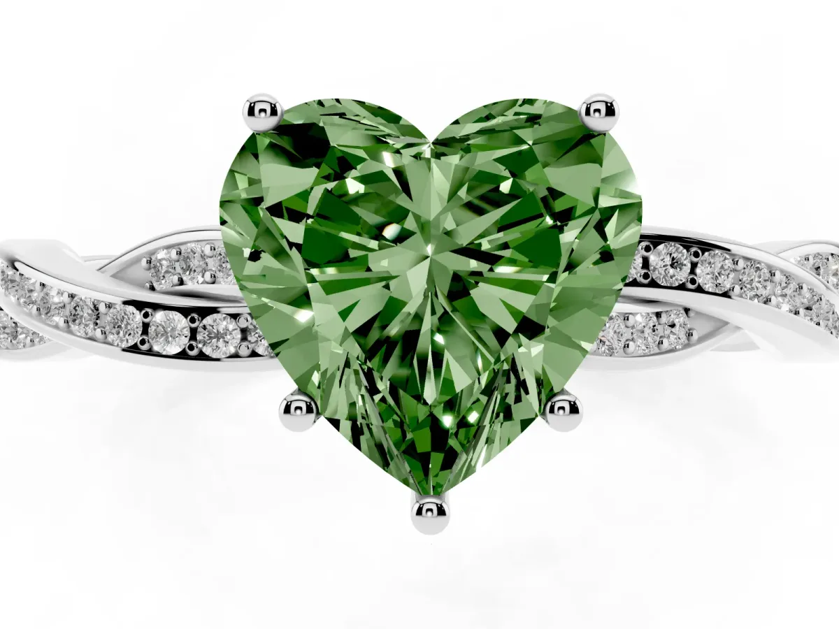 Fancy Green Heart Cut Solitaire Twisted Pave Diamond Ring with Four-Prong Setting White gold