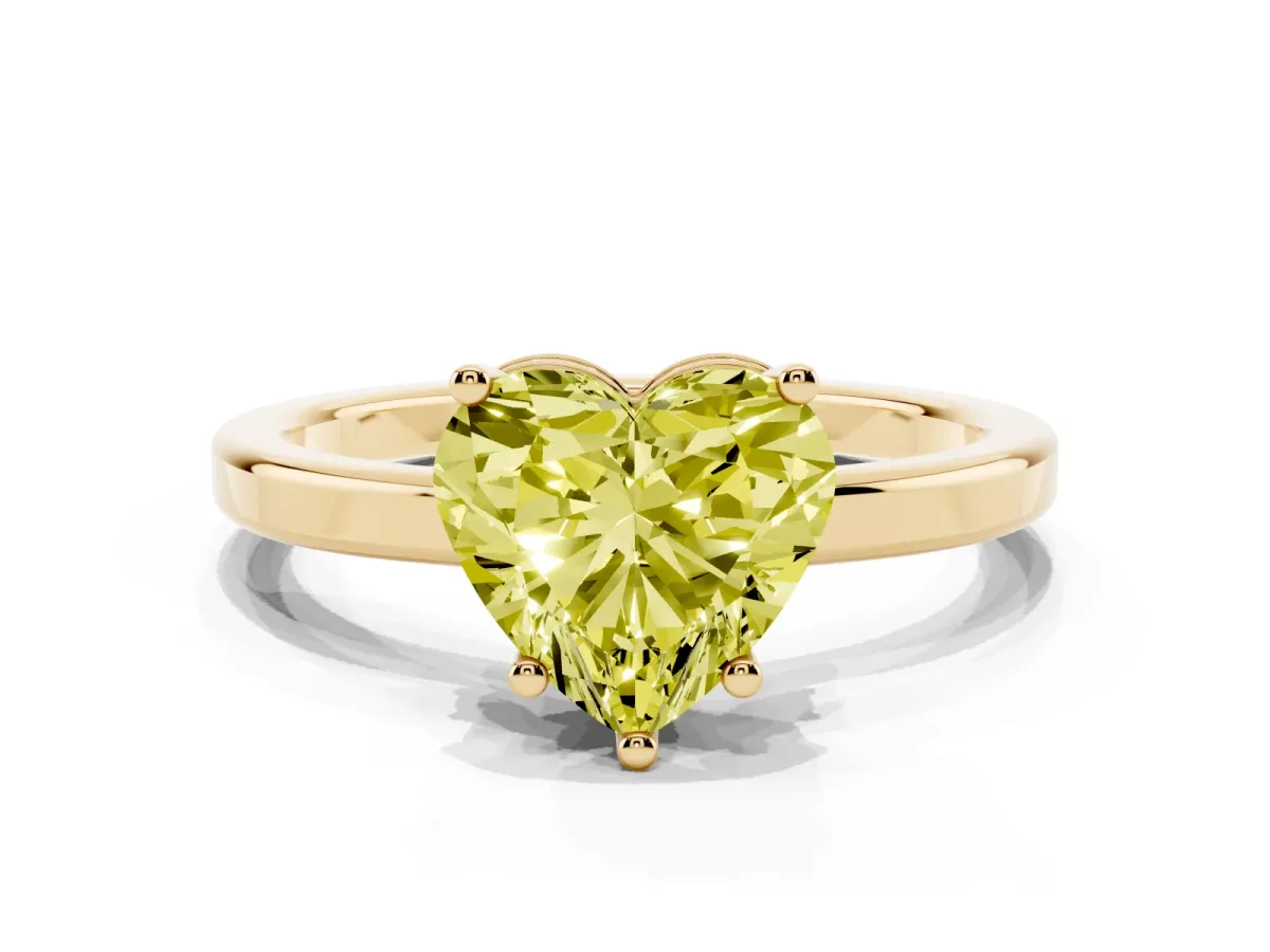 Fancy Yellow Heart Cut Cut Solitaire Engagement Ring with Four-Prong Setting on a Classic Band Yellow gold