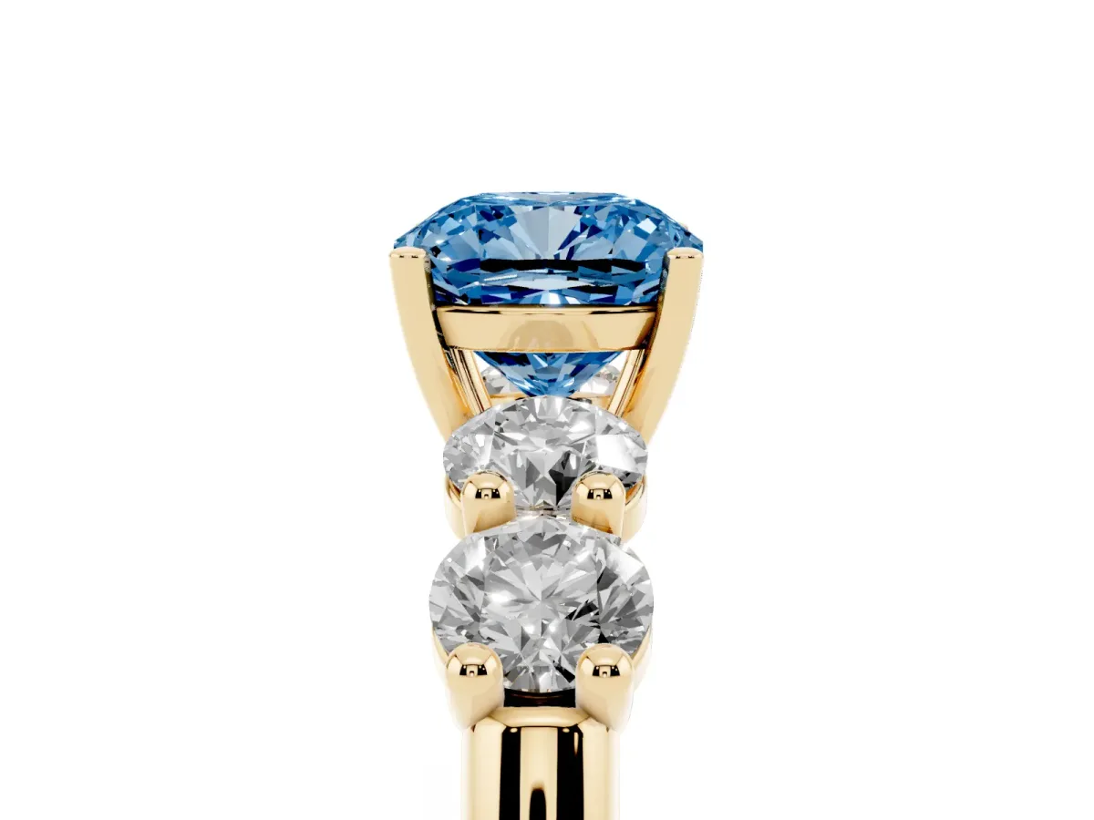 Fancy Blue Cushion Cut Cut Five-Stone Prong Set Diamond Ring with Classic Band Yellow gold