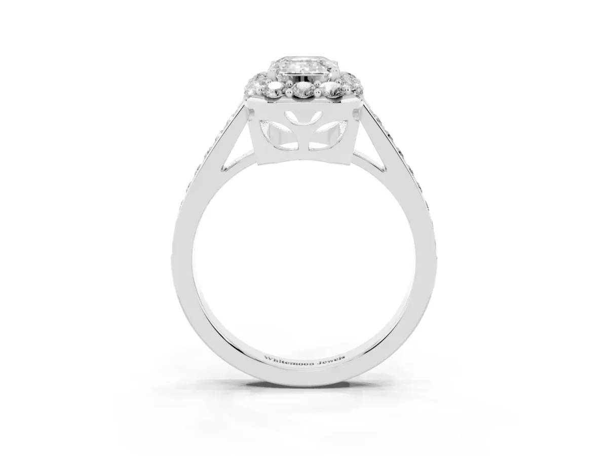 Emerald Cut Diamond Floral Halo Ring with Pavé Band and Prong Setting Platinum