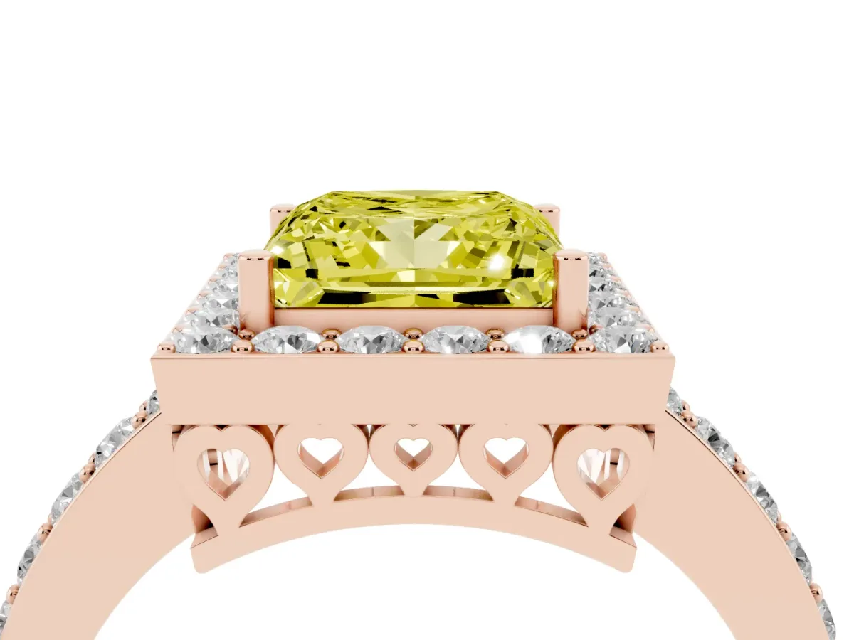 Fancy Yellow Princess Cut Halo Diamond Pavé Band Ring with Prong Setting Rose gold