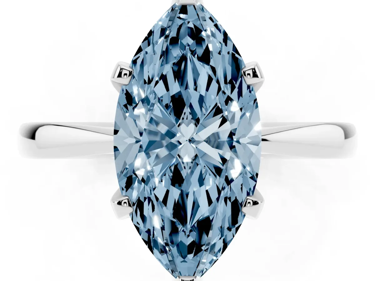 Fancy Blue Marquise Cut Solitaire Engagement Ring with Six-Prong Setting and Tapered Band Platinum