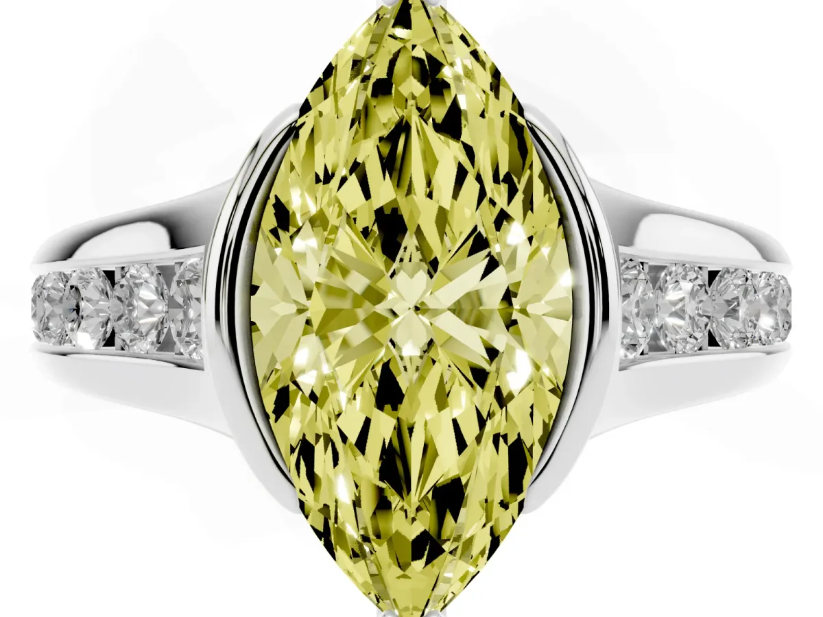 Fancy Yellow Marquise Cut Solitaire Bezel-Set Diamond Ring with Channel-Set Band Silver