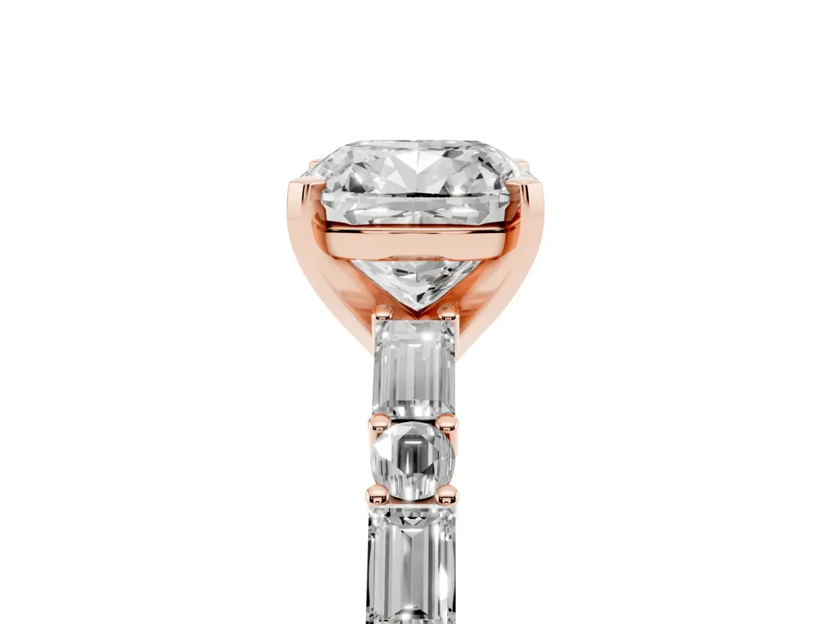 Cushion Cut Diamond Solitaire with Side Baguettes and Channel Set Band Rose gold