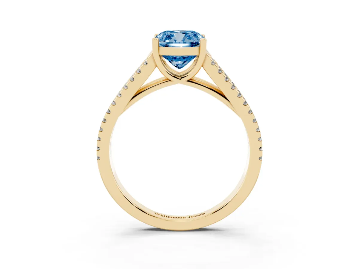 Fancy Blue Cushion Cut Diamond Solitaire Engagement Ring with Split Shank Pavé Band Yellow gold