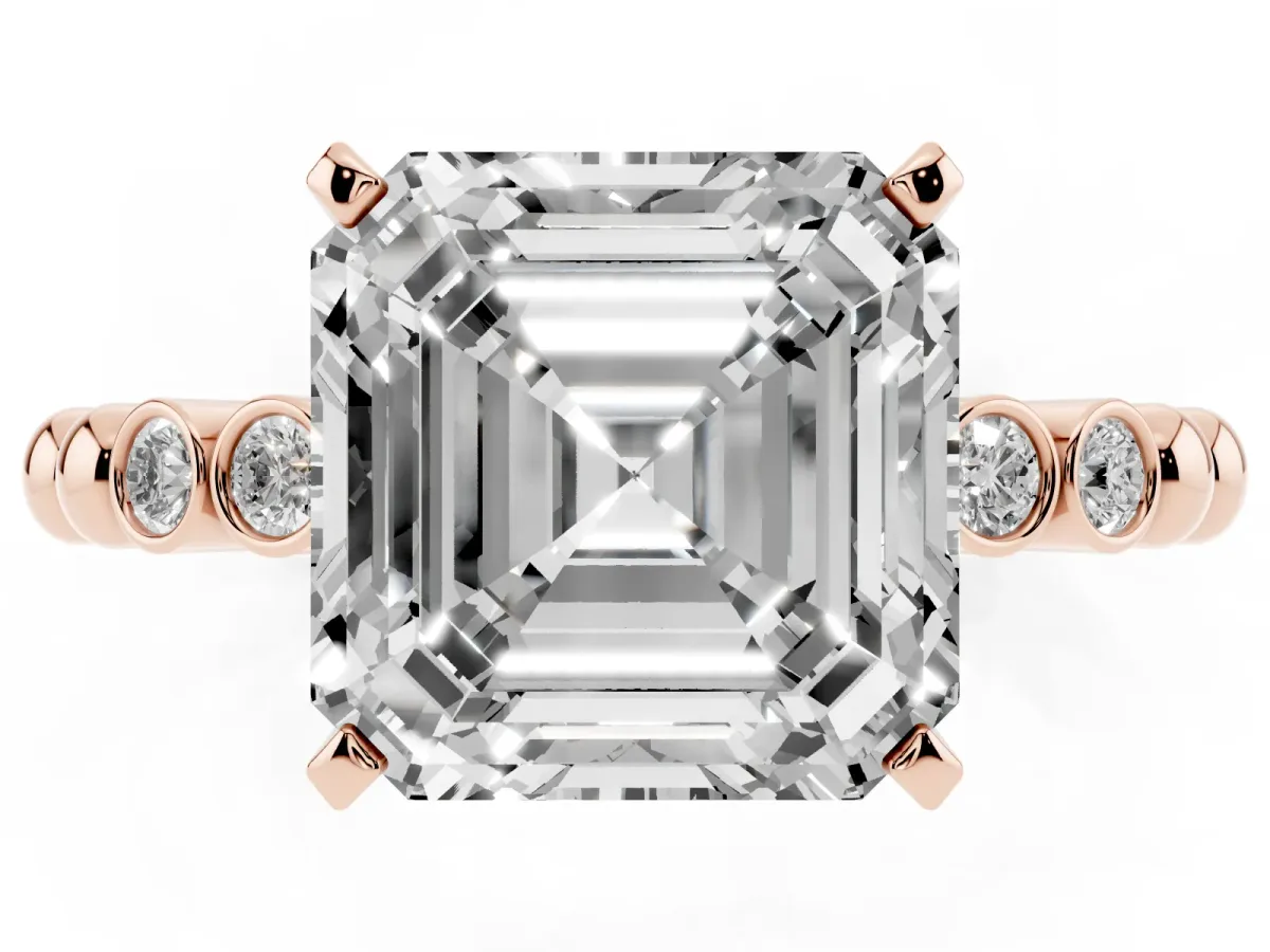 Asscher Cut Solitaire Bezel Accent Diamond Engagement Ring with Beaded Band and Four-Prong Setting Rose gold