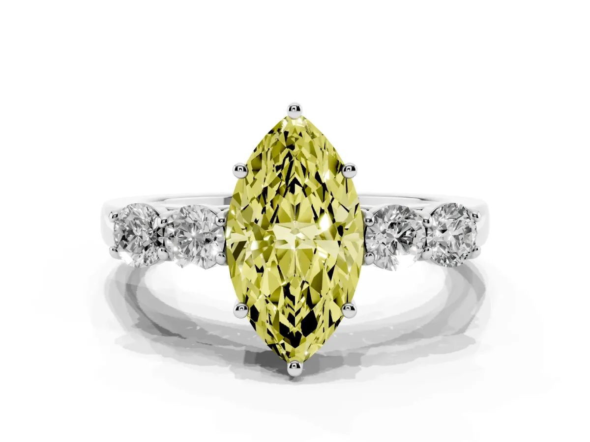 Fancy Yellow Marquise Cut Cut Diamond Five-Stone Prong Set White Gold Ring Silver