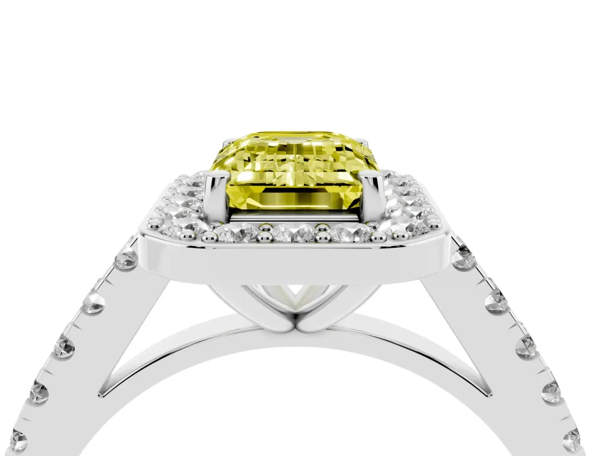 Fancy Yellow Emerald Cut Diamond Halo Ring with Round Pavé Split Shank and Prong Setting Silver