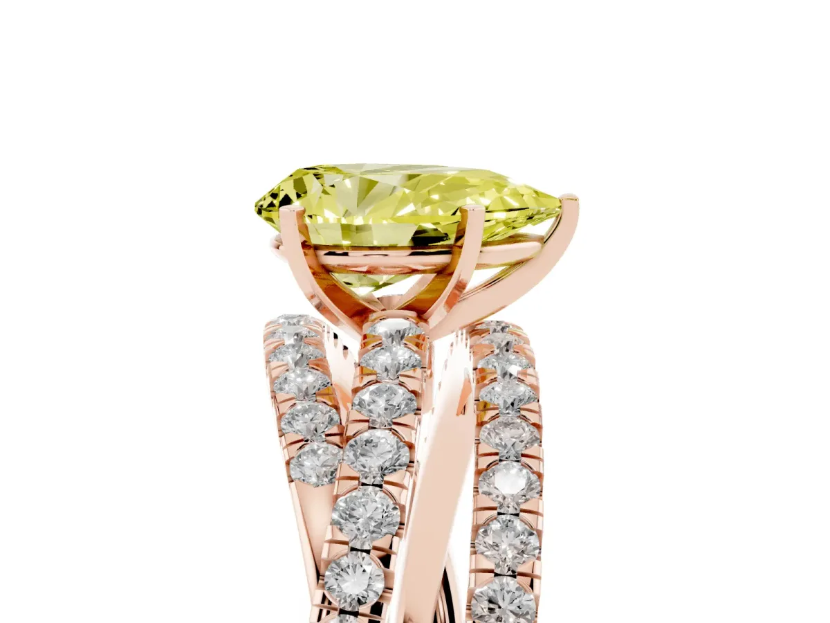 Fancy Yellow Pear Cut Solitaire Twist Band with Pavé Setting and Four-Prong Setting Rose gold