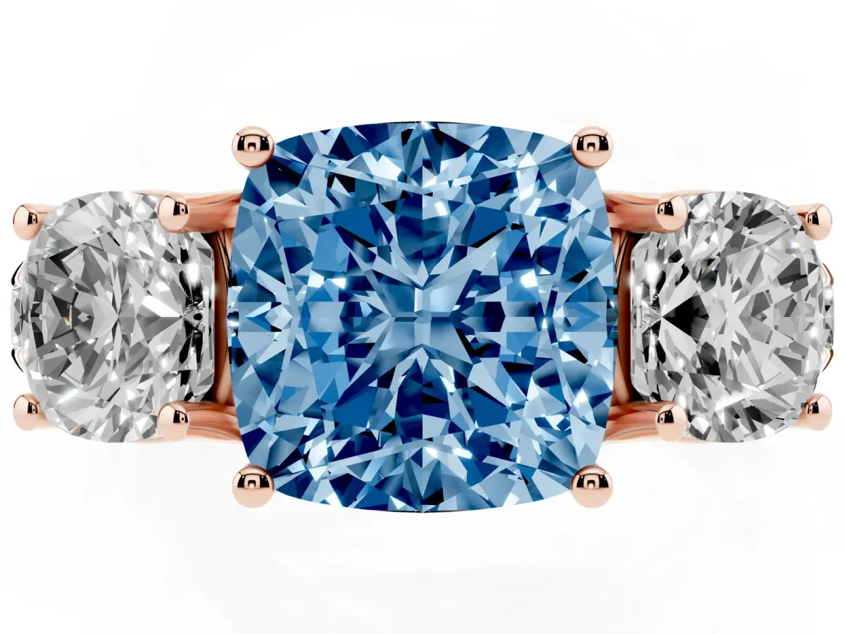 Fancy Blue Three-Stone Cushion Cut Diamond Pavé Band with Prong Setting Rose gold