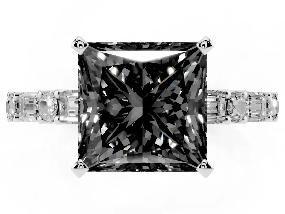 Fancy Black Princess Cut Diamond Solitaire with Side Baguettes and Channel Set Band White gold
