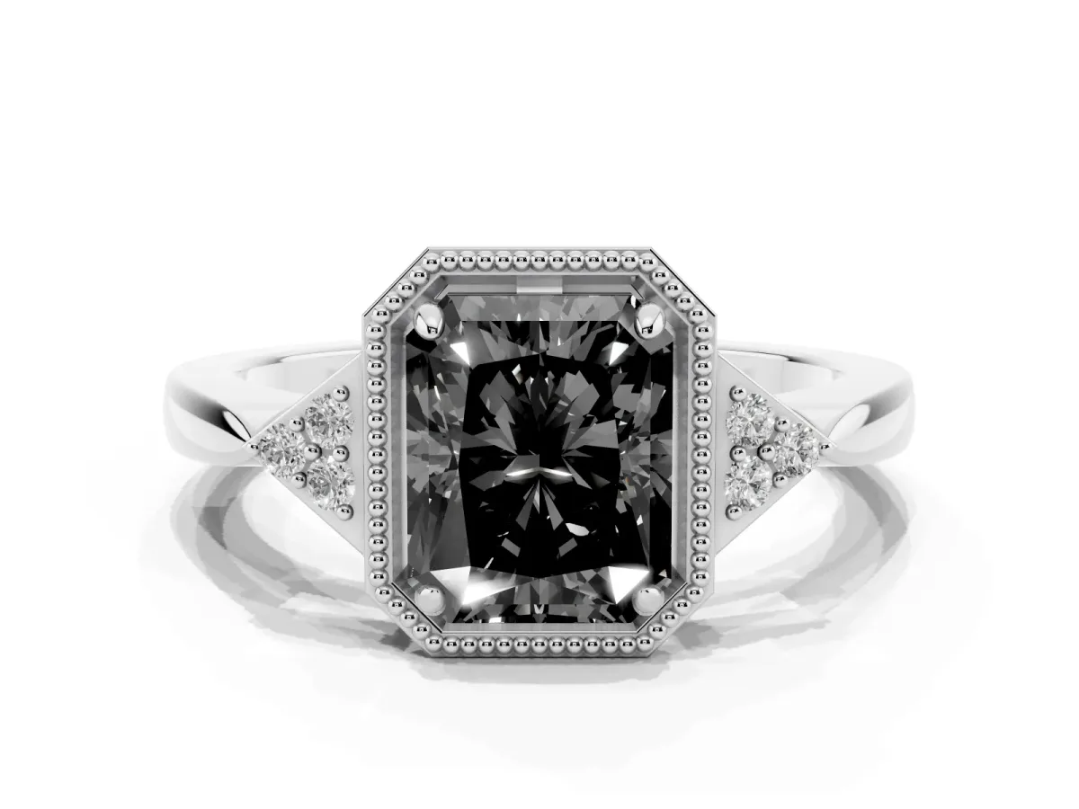 Fancy Black Hexagonal Halo Radiant Cut Diamond Solitaire with Pavé Band and Four-Prong Setting White gold