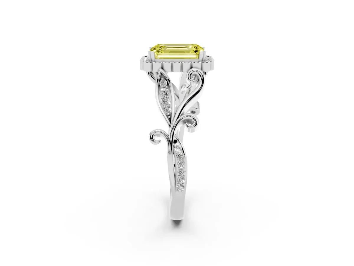 Fancy Yellow Emerald Cut Diamond Halo Ring with Vintage Split Shank and Four-Prong Setting Silver