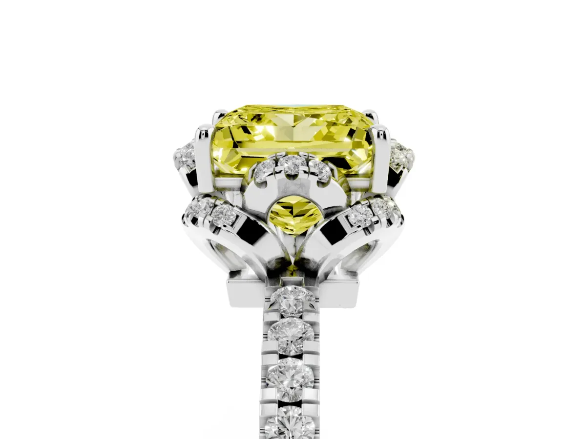 Fancy Yellow Princess Cut Halo Diamond Pave Band Ring with Four-Prong Setting Platinum