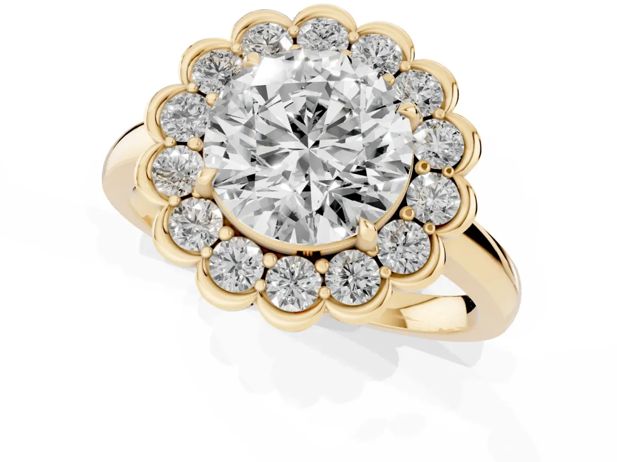 Round Cut Halo Cluster Diamond Engagement Ring with Solitaire Band and Prong Setting Yellow gold