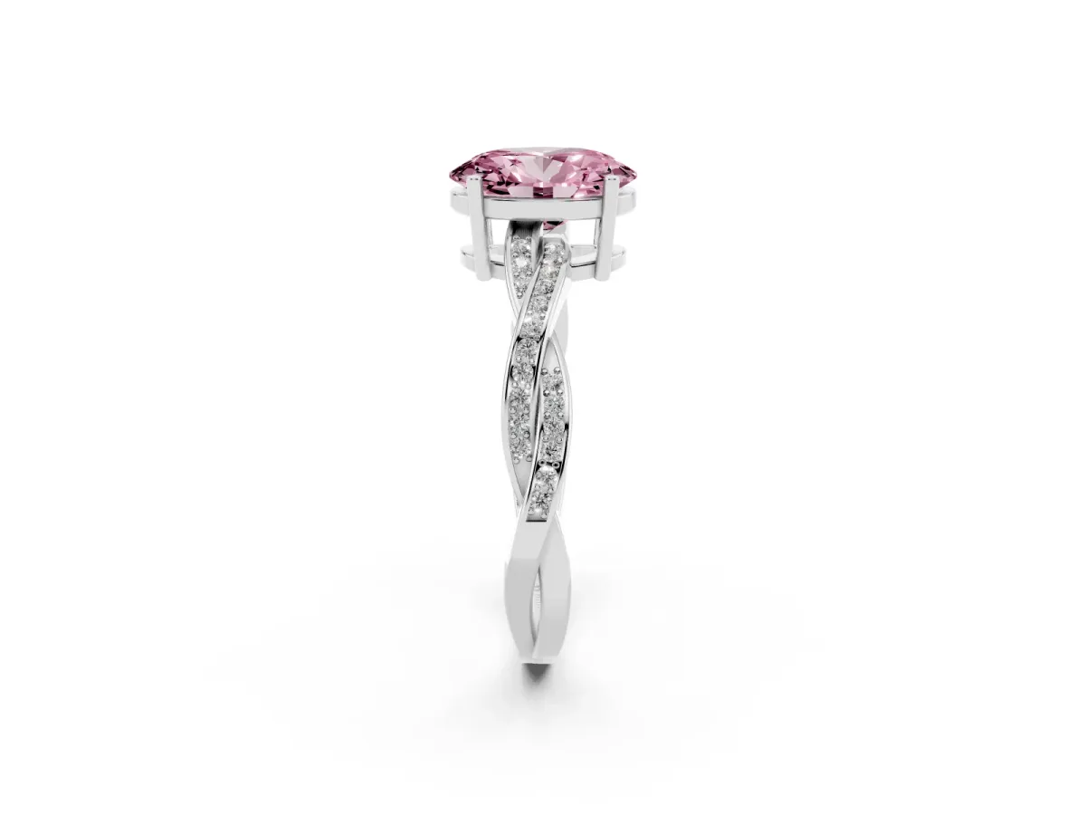 Fancy Pink Oval Cut Solitaire Twisted Pave Diamond Ring with Four-Prong Setting White gold
