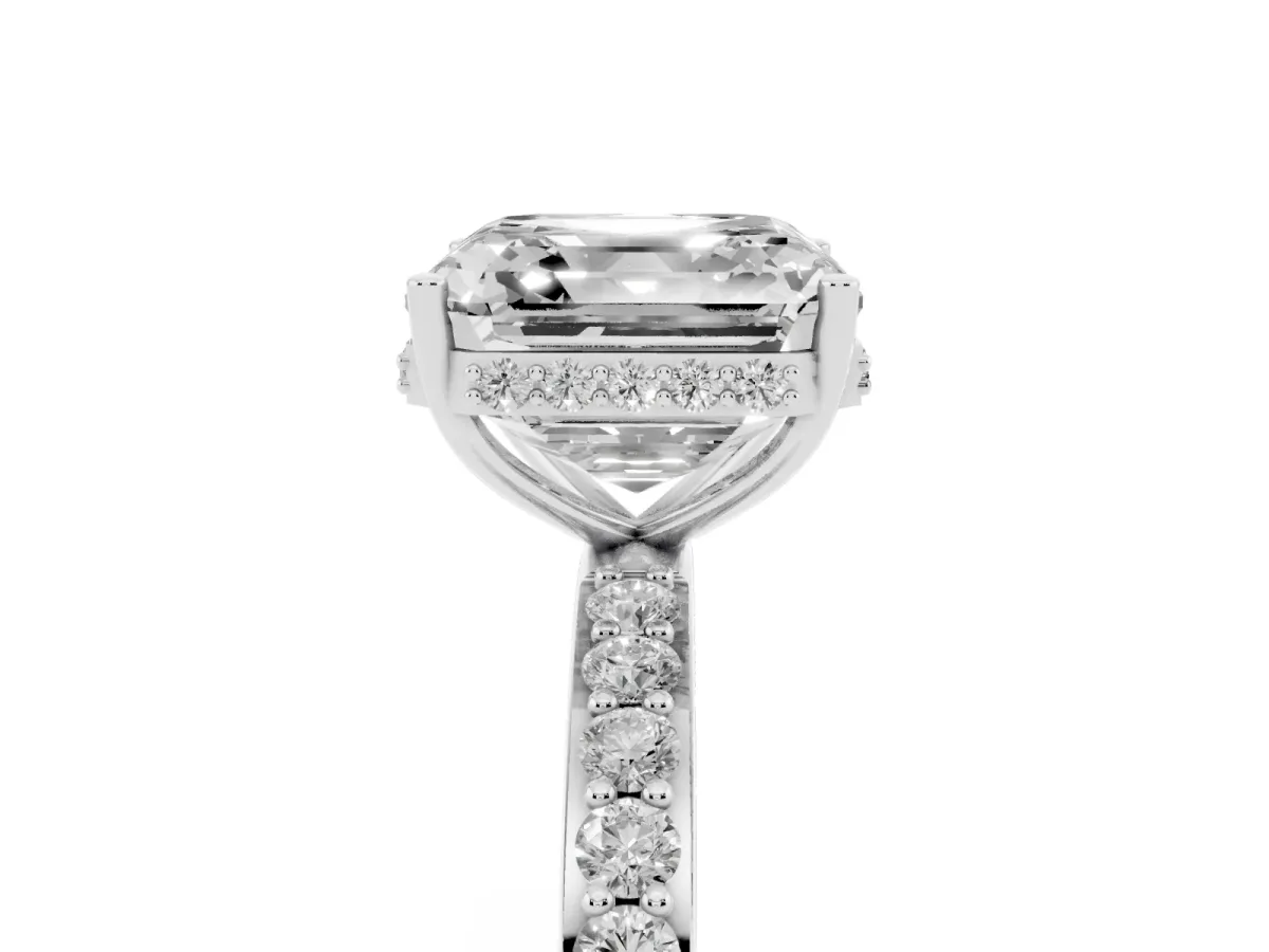 Asscher Cut Diamond Solitaire Ring with Pavé Band and Hidden Halo White gold