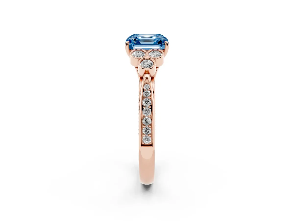 Fancy Blue Asscher Cut Cut Diamond Engagement Ring with Bezel Set Round Side Stones and Prong Setting Rose gold