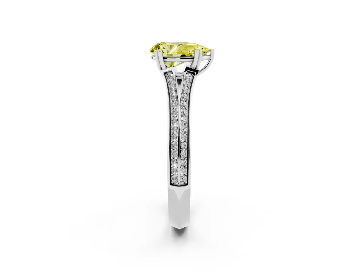 Fancy Yellow Pear Cut Diamond Split Shank Engagement Ring with Pavé Band Silver
