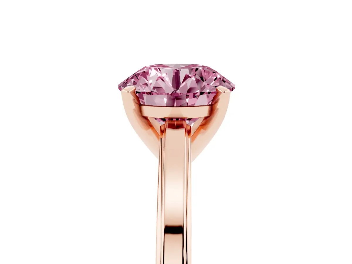 Fancy Pink Round Cut Solitaire Diamond Ring with Four-Prong Setting and Classic Band Rose gold
