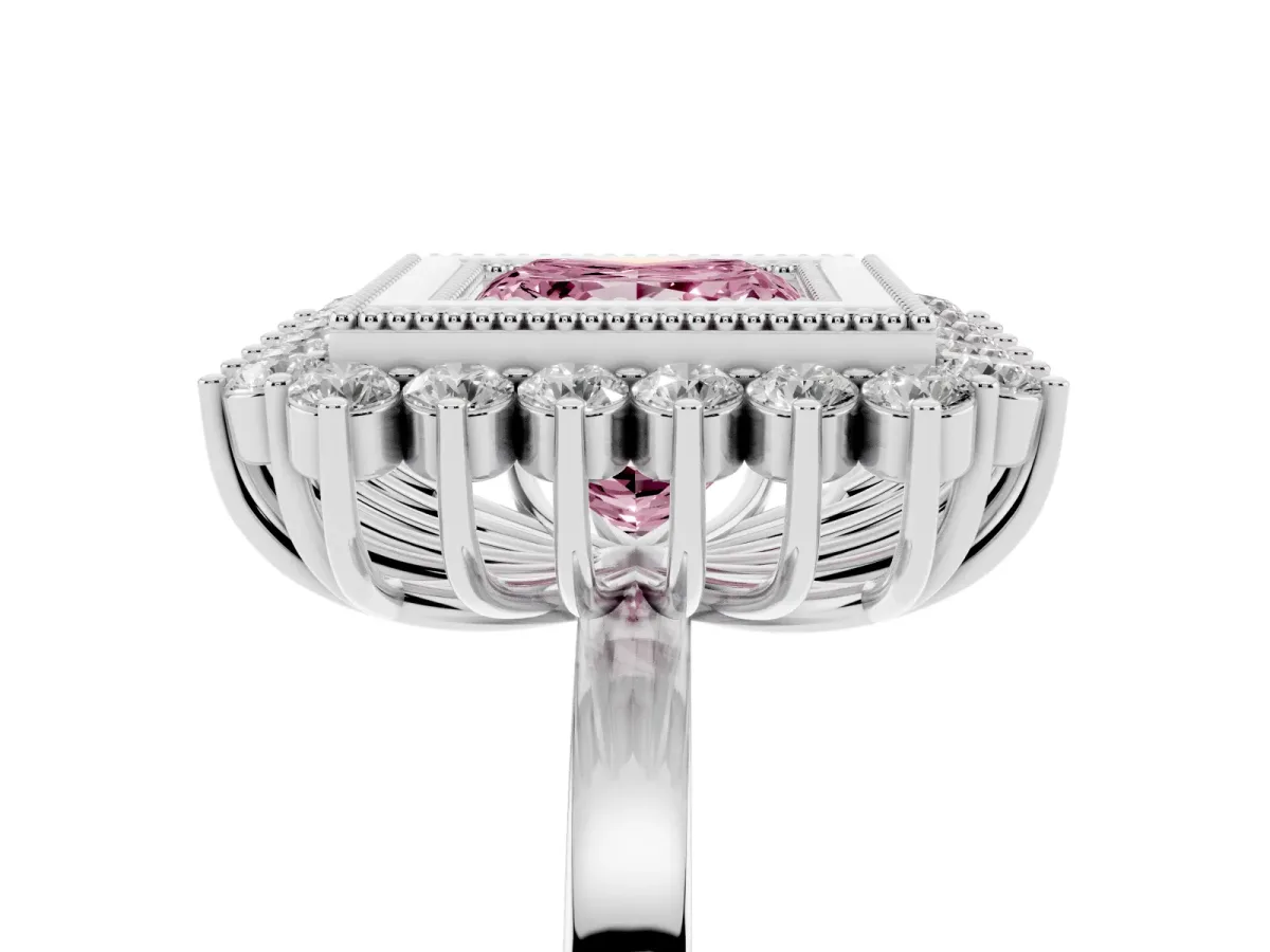 Fancy Pink Princess Cut Halo Diamond Ring with Milgrain Edge and Round Prong Setting Silver