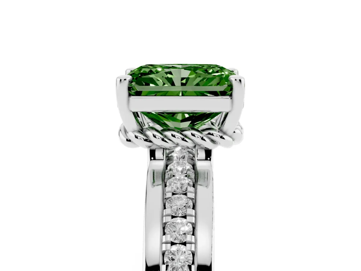 Fancy Green Radiant Cut Solitaire Diamond Ring with Channel Set Band and Six-Prong Setting Silver