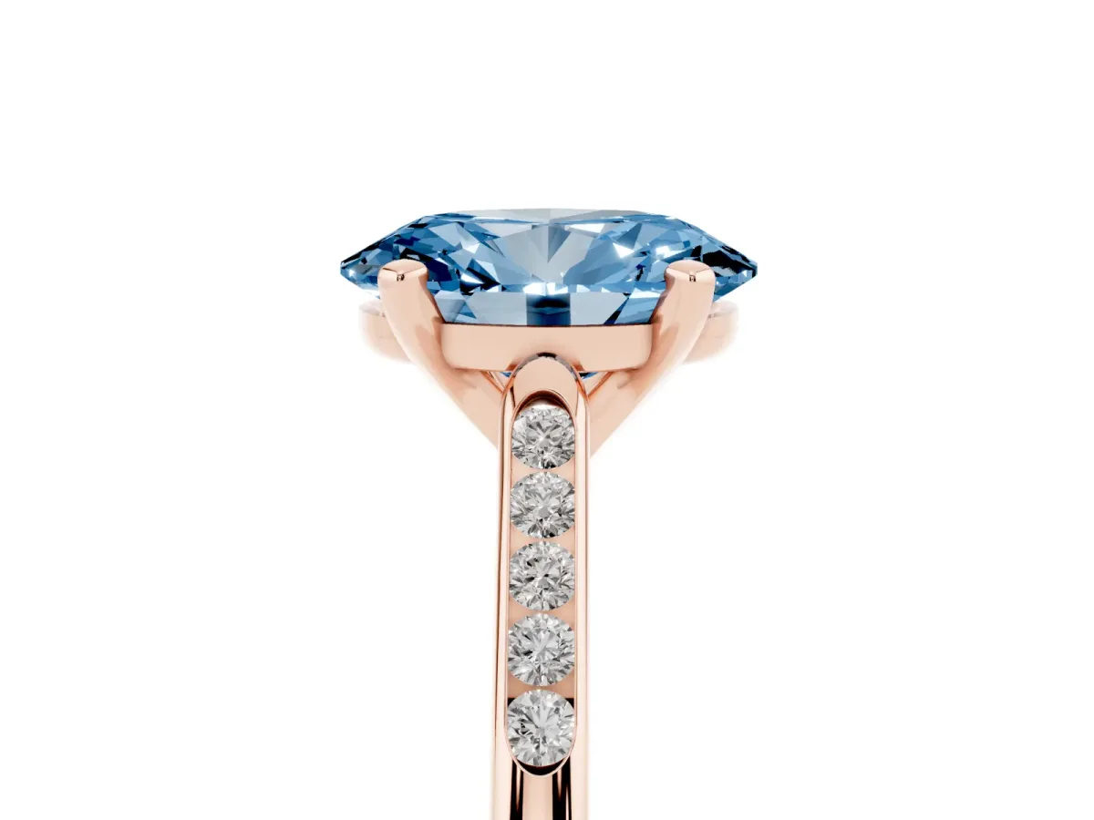 Fancy Blue Oval Cut Diamond Solitaire Ring with Channel Set Round Band and Prong Setting Rose gold