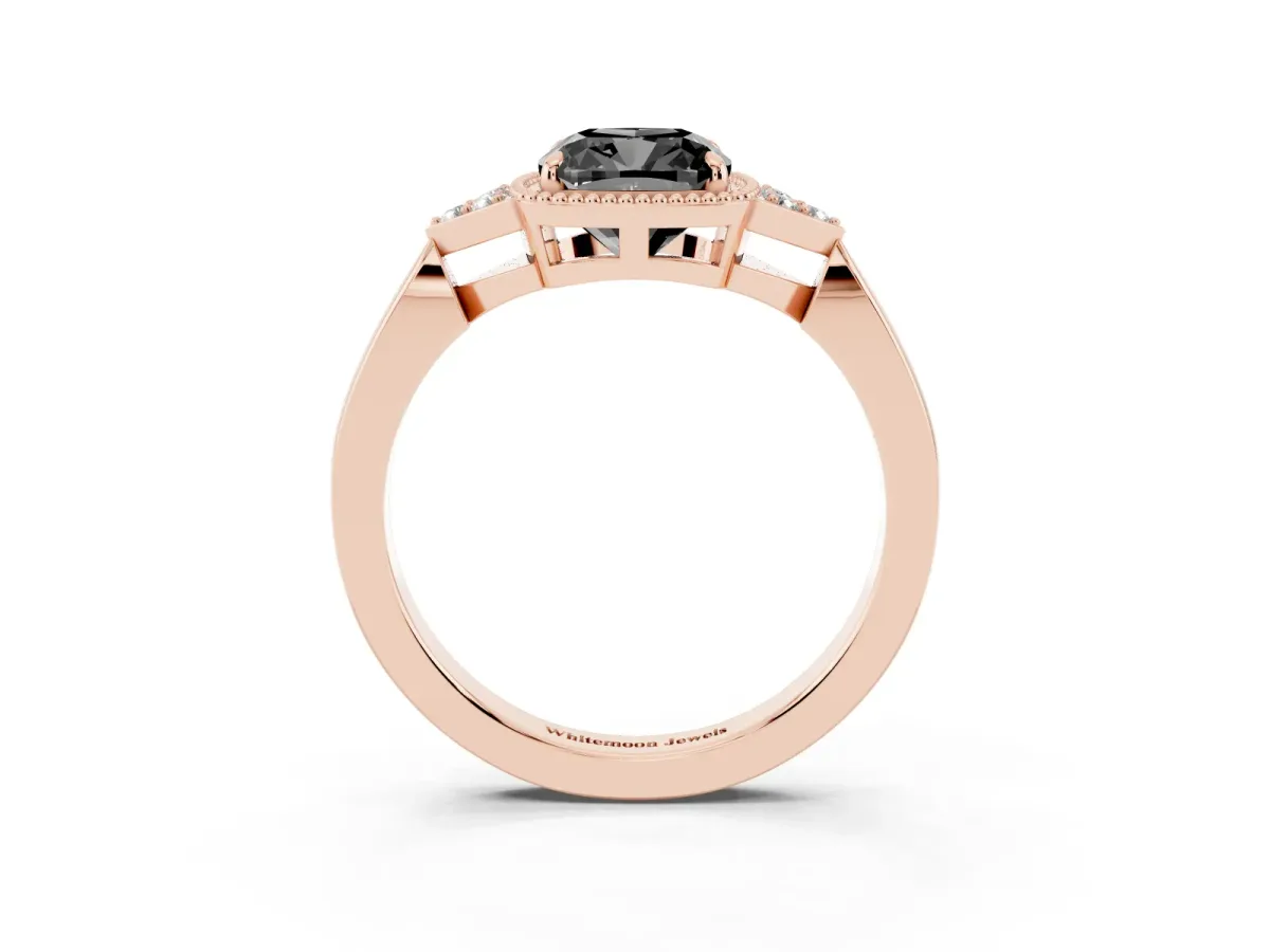 Fancy Black Hexagonal Halo Cushion Cut Diamond Solitaire with Pavé Band and Four-Prong Setting Rose gold