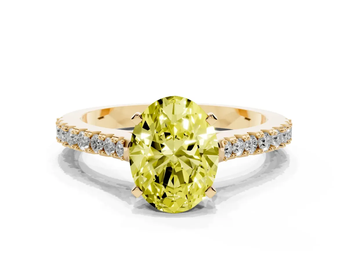 Fancy Yellow Oval Cut Cut Solitaire Diamond Engagement Ring with Pave Band and Four-Prong Setting Yellow gold