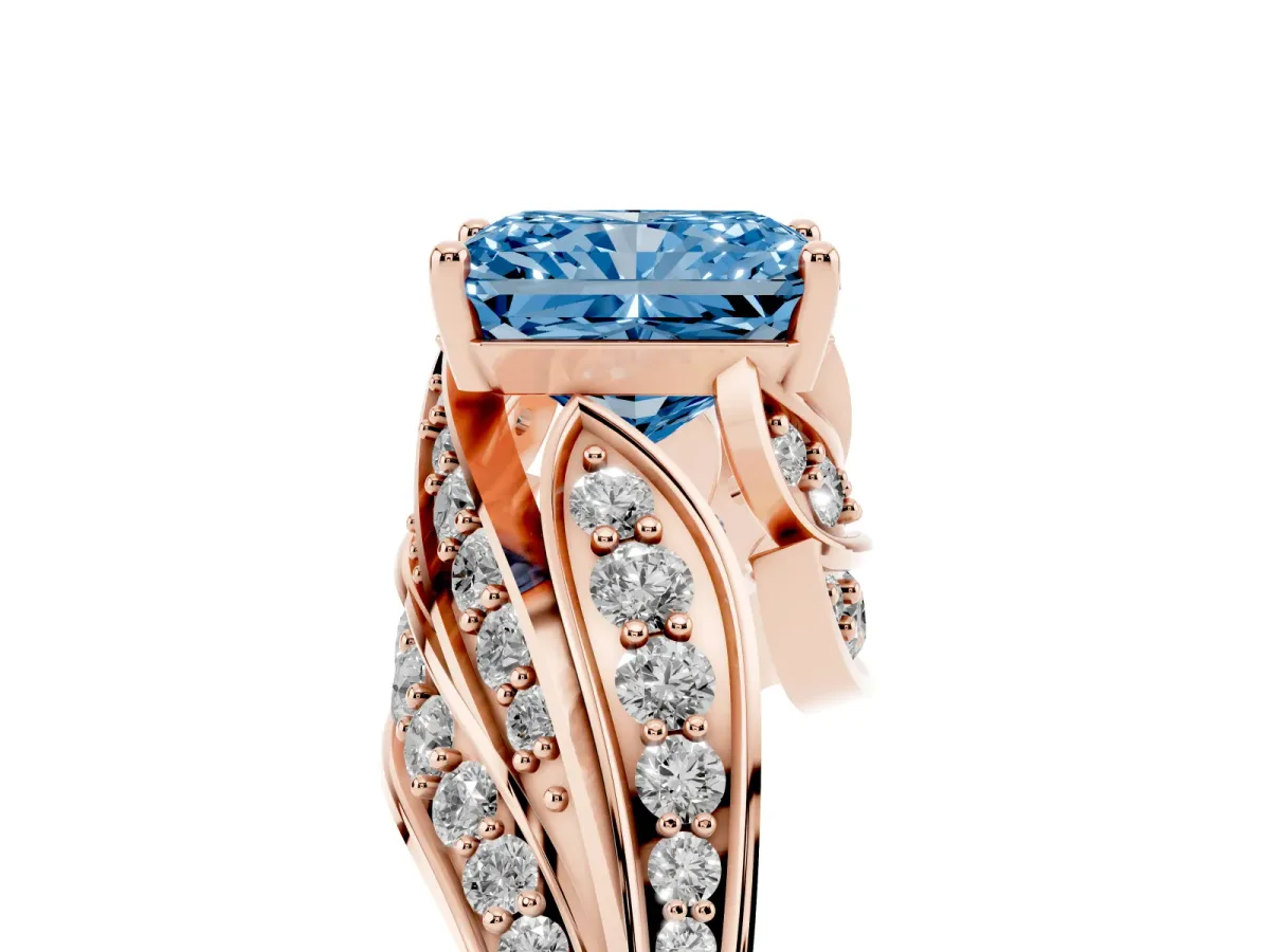 Fancy Blue Radiant Cut Diamond Solitaire Ring with Prong Setting and Twisted Pavé Band Rose gold