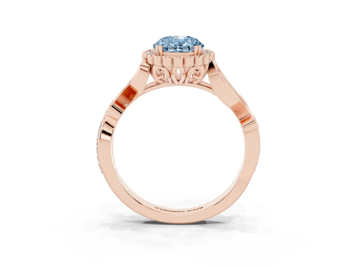 Fancy Blue Oval Cut Diamond Halo Ring with Vintage Split Shank and Four-Prong Setting Rose gold