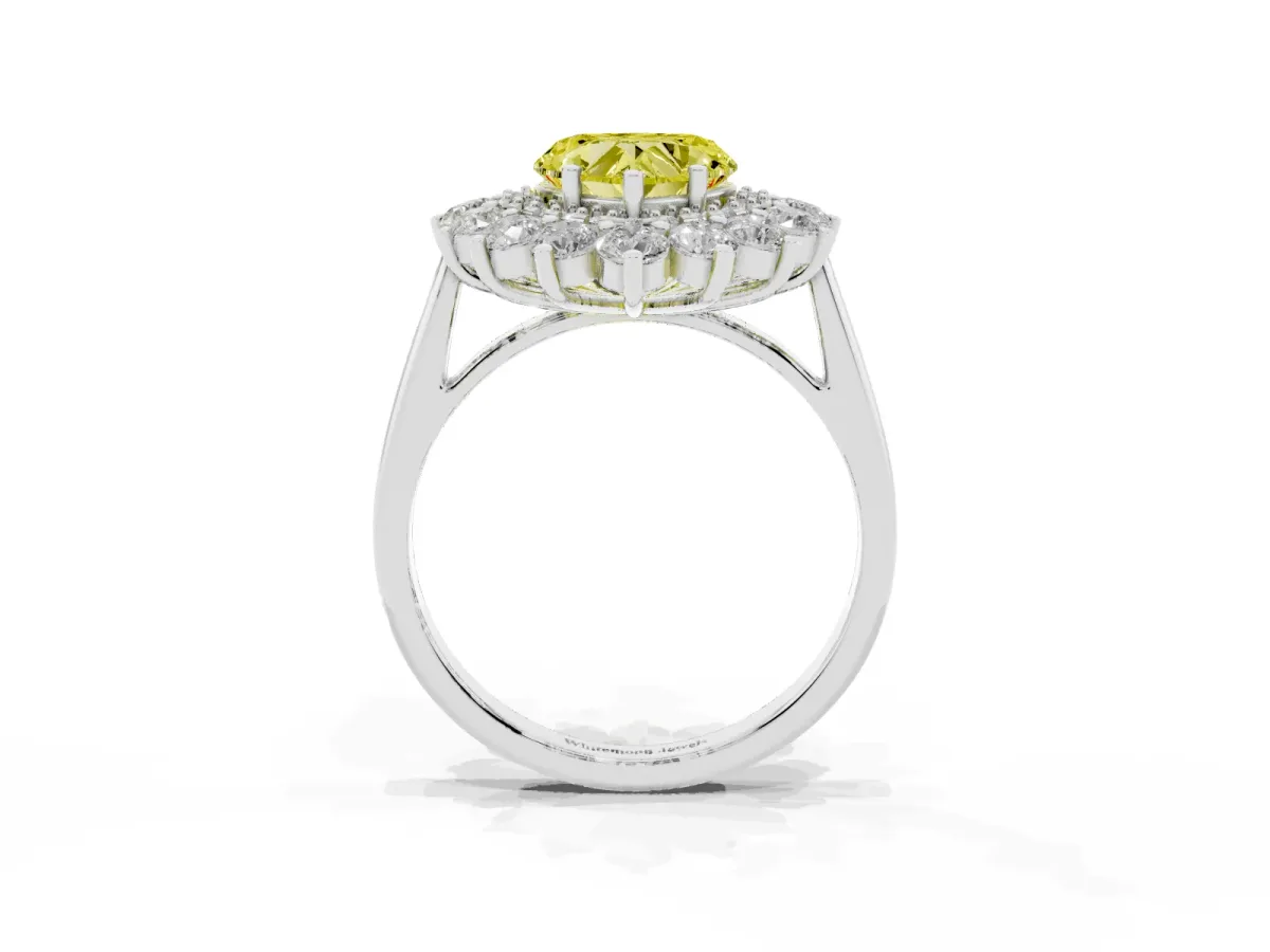 Fancy Yellow Heart Cut Diamond Floral Double Halo Engagement Ring with Prong Setting Silver