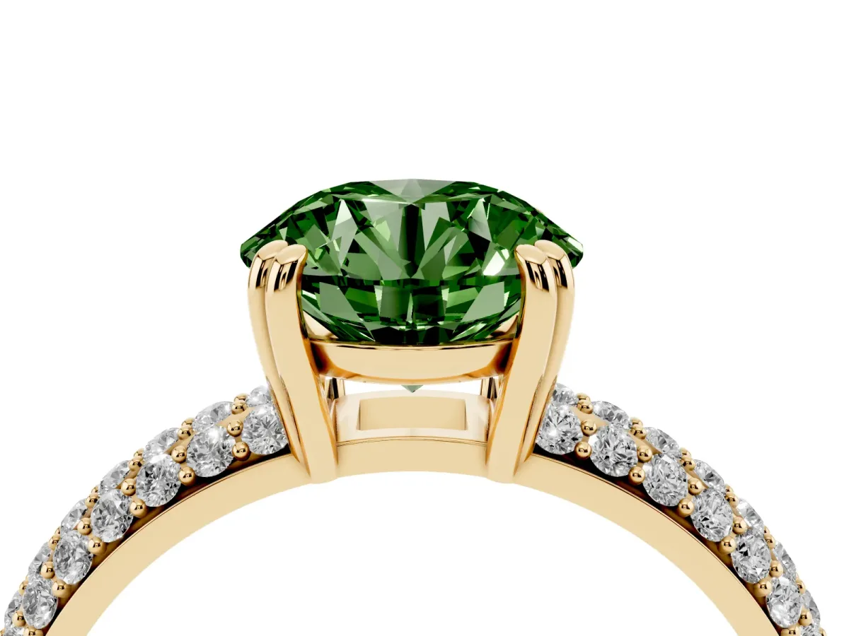 Fancy Green Round Cut Diamond Solitaire Ring with Multi-Row Round Pavé Band and Prong Setting Yellow gold