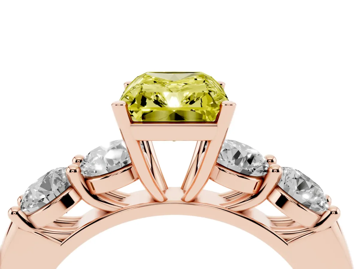 Fancy Yellow Radiant Cut Cut Five-Stone Prong Set Diamond Ring with Classic Band Rose gold