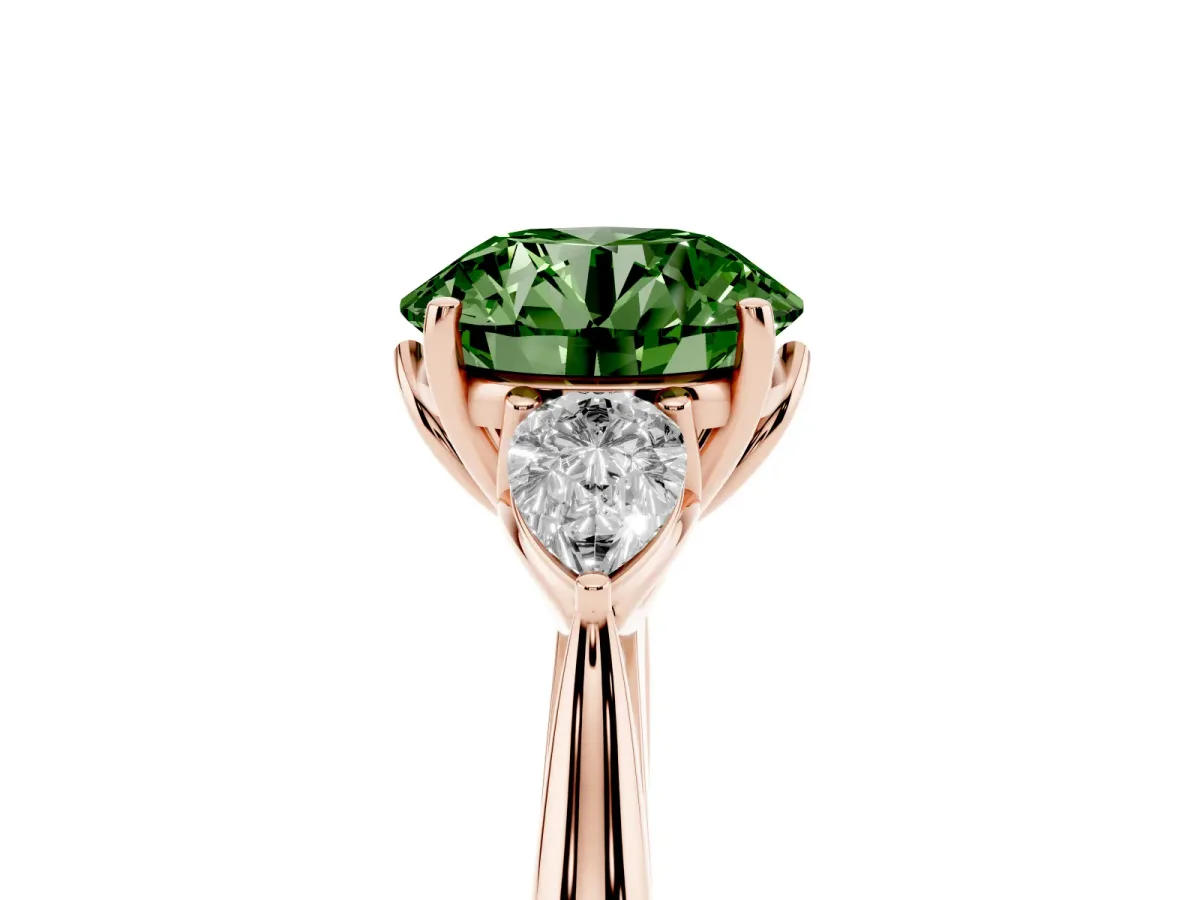 Fancy Green Round Cut Diamond Three-Stone Ring with Pear Side Stones and Prong Setting Rose gold