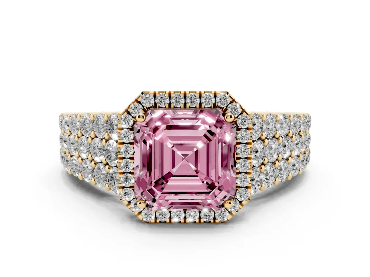 Fancy Pink Asscher Cut Diamond Halo Engagement Ring with Triple Row Round Pavé Band and Prong Setting Yellow gold