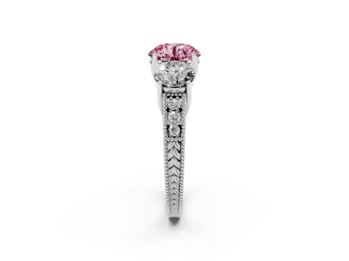 Fancy Pink Three-Stone Round Cut Cut Milgrain Pavé Engagement Ring Silver