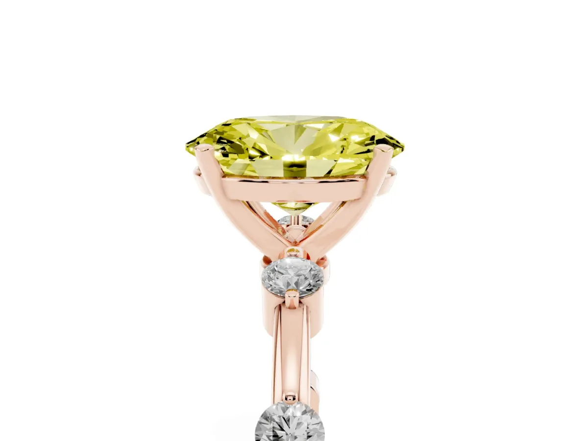 Fancy Yellow Oval Cut Solitaire Diamond Ring with Bezel Set Side Stones and Prong Setting Rose gold