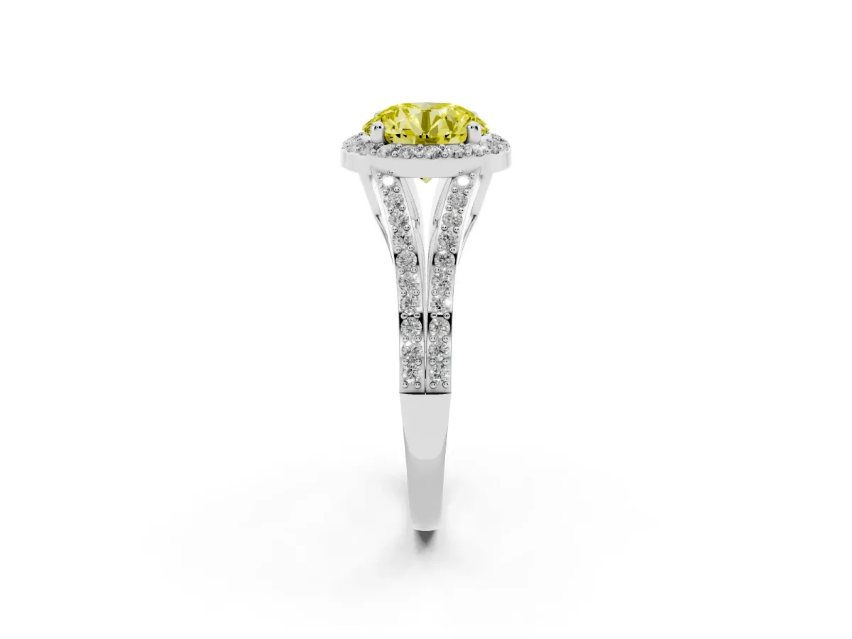 Fancy Yellow Round Cut Halo Split Shank Pave Diamond Ring with Four-Prong Setting Silver