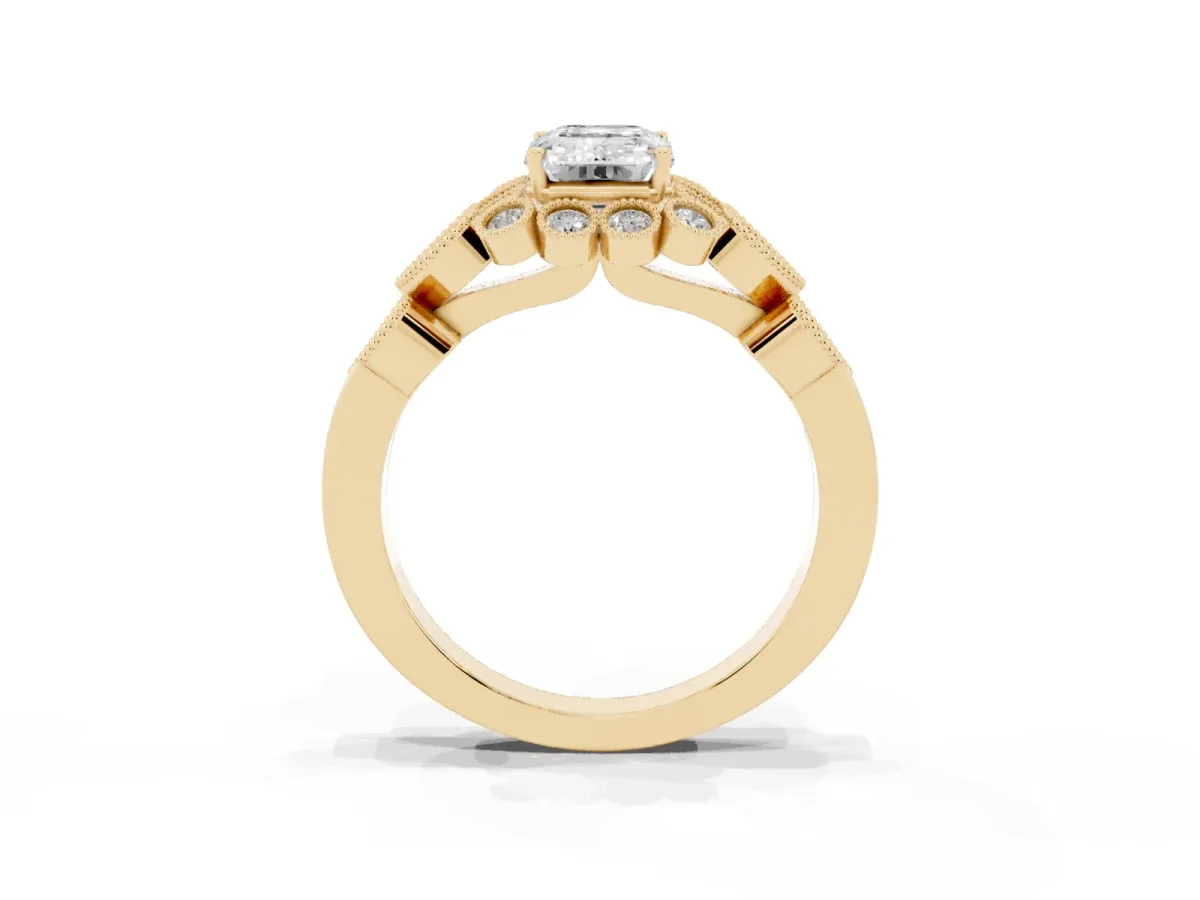 Emerald Cut Brilliant Milgrain Pave Heart Band Solitaire Ring Yellow gold
