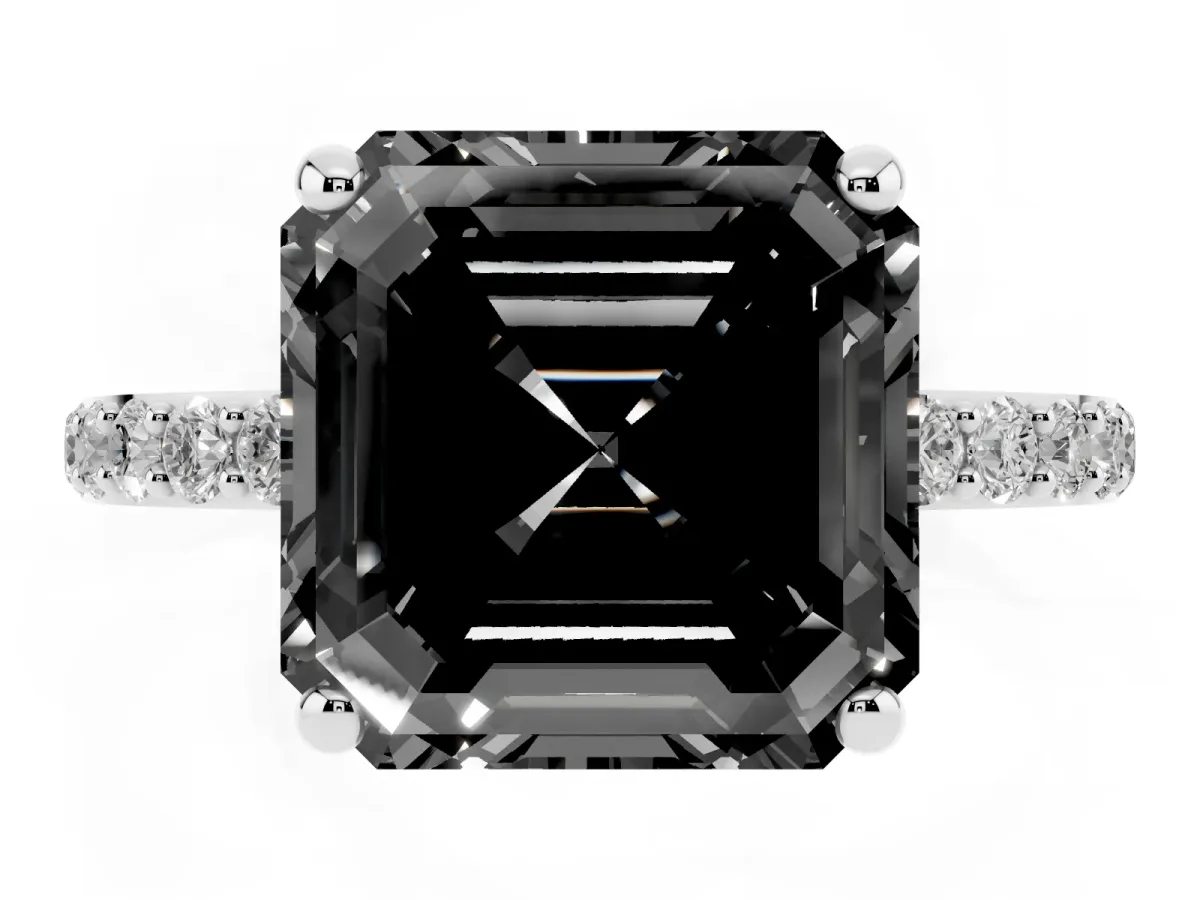 Fancy Black Asscher Cut Diamond Solitaire Ring with Round Pavé Band and Prong Setting Silver