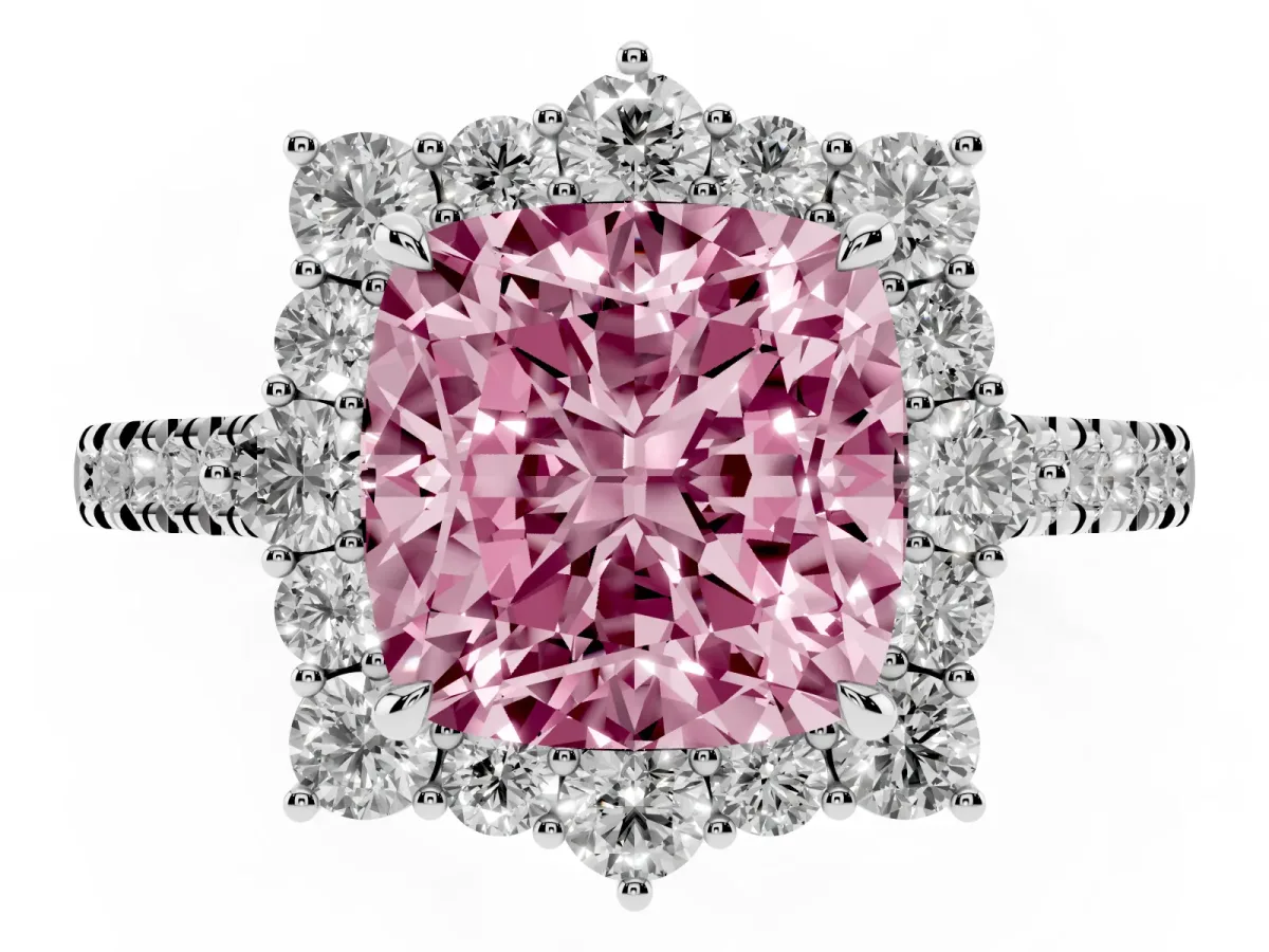 Fancy Pink Cushion Cut Halo Diamond Ring with Pavé Band and Prong Setting Silver