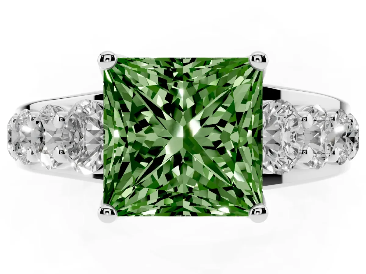 Fancy Green Princess Cut Diamond Engagement Ring with Pavé Band and Four-Prong Setting Silver