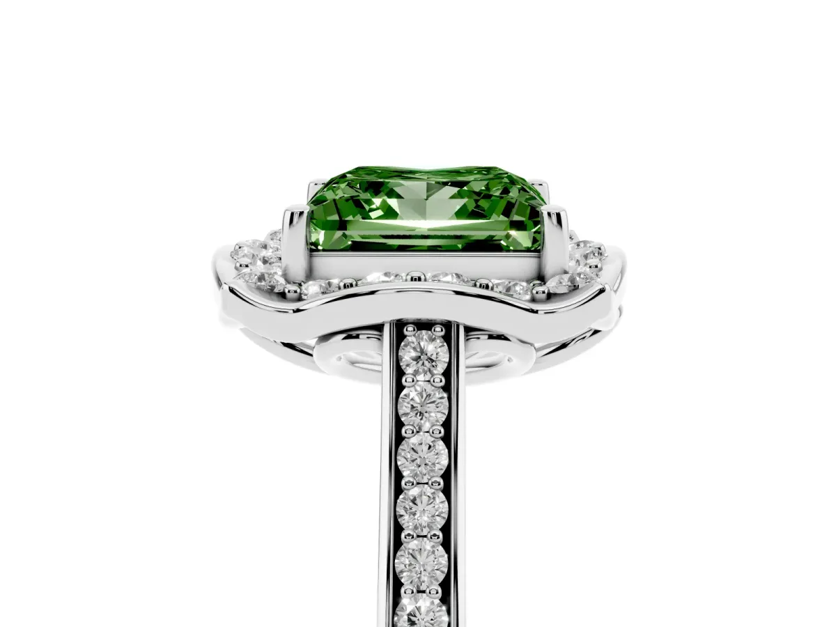 Fancy Green Princess Cut Halo Round Diamond Pave Band with Four-Prong Setting Silver