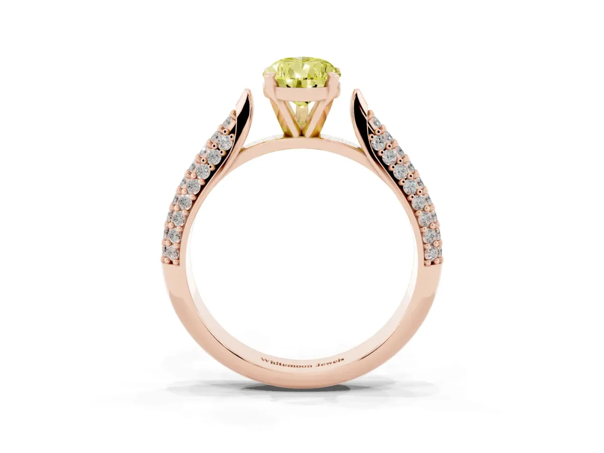 Fancy Yellow Pear Cut Diamond Solitaire Engagement Ring with Multi-Row Round Pavé Band and Prong Setting Rose gold
