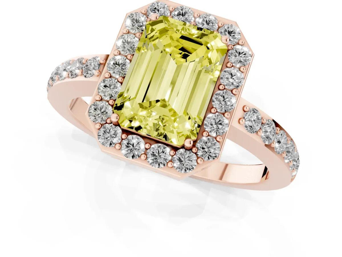 Fancy Yellow Emerald Cut Halo Diamond Pavé Band Ring with Prong Setting Rose gold
