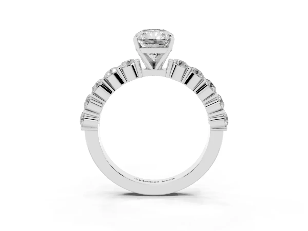 Radiant Cut Diamond Solitaire Ring with Shared Prong Round Side Stones Silver