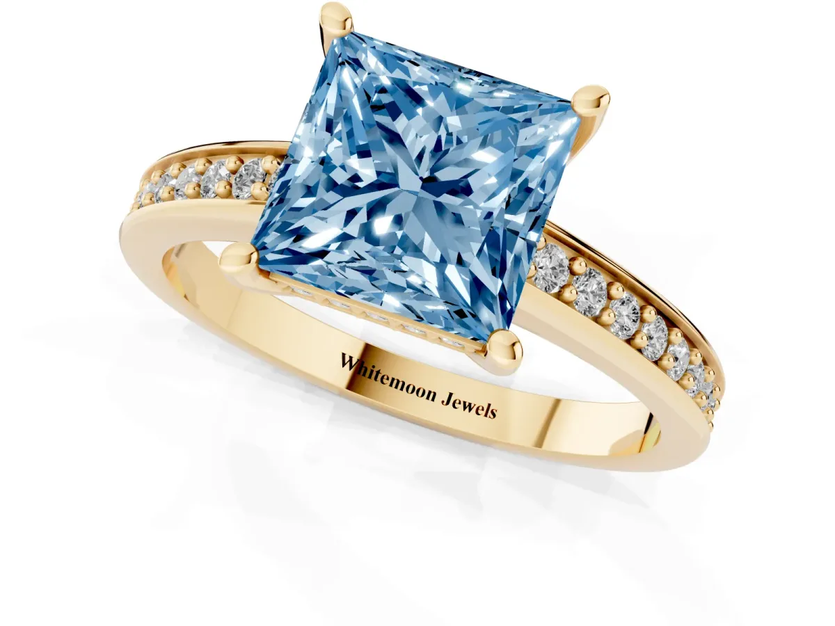 Fancy Blue Princess Cut Solitaire Pavé Band Prong Setting Ring Yellow gold