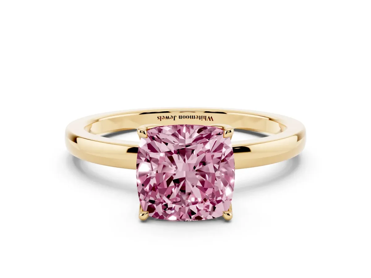 Fancy Pink Cushion Cut Diamond Solitaire Ring with Thin Band and Prong Setting Yellow gold