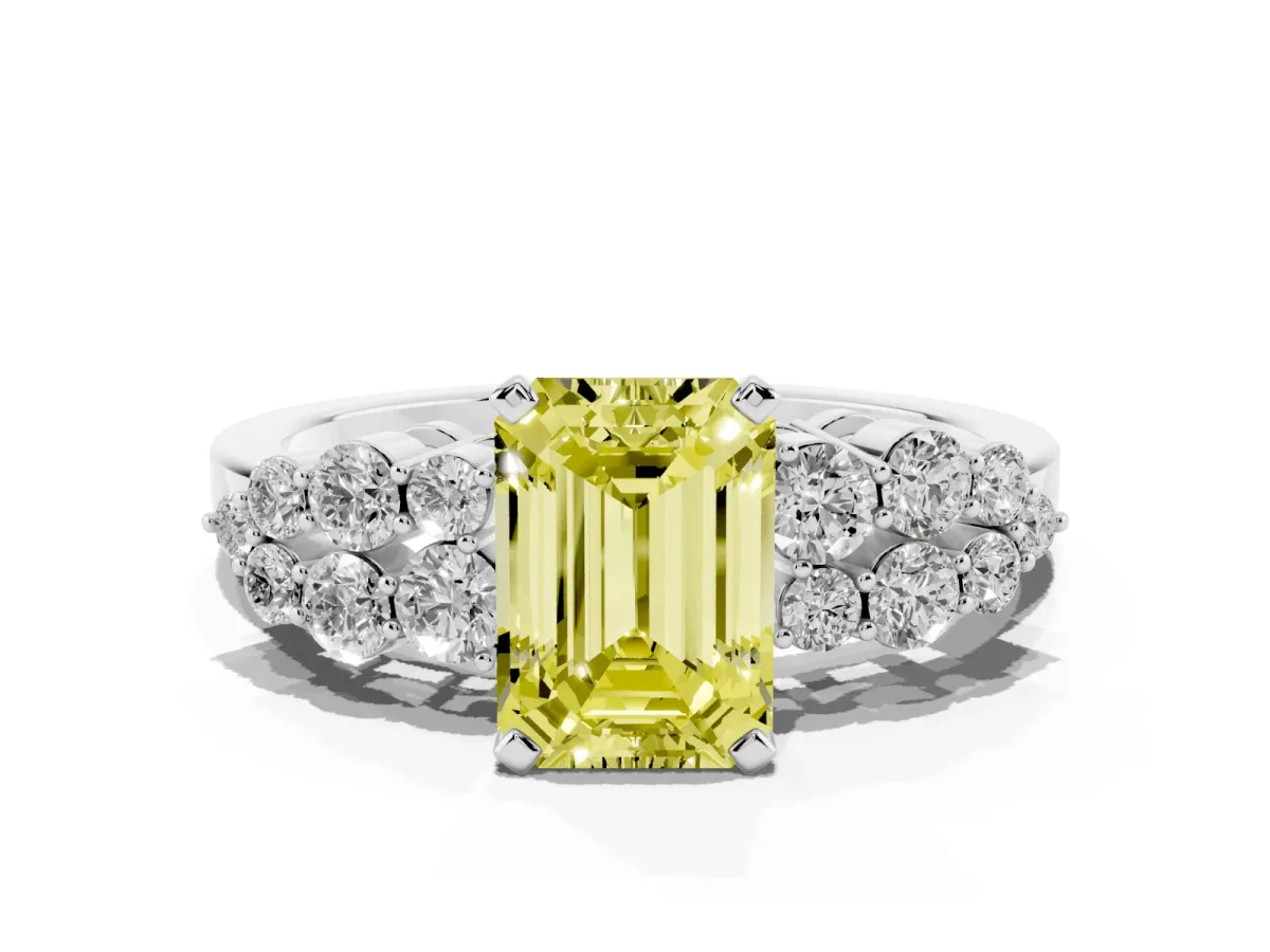 Fancy Yellow Emerald Cut Cluster Diamond Engagement Ring with Pavé Band and Four-Prong Setting Platinum